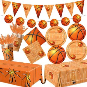 Sports Basketball Theme Party Decorations - Tableware Set With Plates, Napkins, Tablecloth for Kids Boys Sports Birthday Celebrations