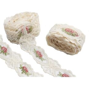 Acxico 2 Yard Beige & WIND FILD PINK TRIPBON LACE TRIM/SELING/CRAFT/BRIDAL ، كريمي أبيض (YY859)