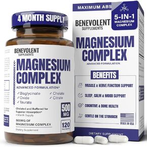 Best Magnesium Complex 500mg - 5 Types of Magnesium Glycinate, Oxide, Taurate, Chelate, Magnesium Citrate. Max Absorption Magnesium Supplement for Calm, Sleep, Leg Cramps, Headaches - 4 Months Supply