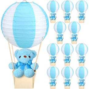 Baquler 12 Sets Baby Shower Hot Air Balloon Table Centerpieces DIY Paper Lanterns Stuffed Plush Bear Wooden Baskets for Wedding Birthday Gender Reveal (Beige White,Mixed Style)