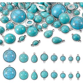 Pandahall 70Pcs Tibetan Style Teardrop Turquoise Connector Charms - Round Bohemian Earring Retro Antique Silver Western Link for DIY Boho Necklace Jewelry Making