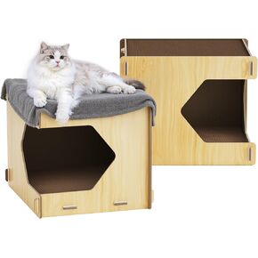 Wooden Cat House Corrugated Cat Scratch Board, Removable Scratching Pad with Buckle Design, Durable, Easy to Clean, No Odor, Ideal for Scratching and Resting.
