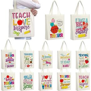 Capoda 12 PCS Teacher Canvas Bags حقائب كبيرة للمعلم هدايا مع السوستة أفضل المعلم على الإطلاق أكياس الكتف للنساء معلمات المعلمون إلى المدرسة الإمداد