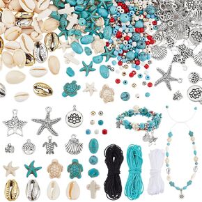 PH Pandahall Surfer Wave Boho Makelet Make Make ، 710pcs Beads Beads Kit Turquoise Turtle Starfish Beads Ocean Seashell Charms مع الأسلاك لأساور الصداقة الصيفية أقراط قلادة