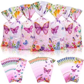 100 PCS Butterfly Cellophane Acags Acags Watercolor Butterfly Ploral Printed Goodie Candy Bags Spring Summer Party Forms Favors with 100 twist ties for Butterfly shown Baby Shower Girl Supplies