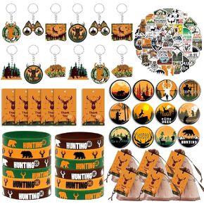 Tazimi 110 PCS حفل صيد يفضل أن يحضر حفلات عيد ميلاد الصيد حفلات الحفلات كامو مع ملصقات مفاتيح الصيد ملصقات أساور وأكياس مطار