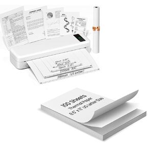 Bluetooth Inkless Thermal Printer White & 100 Sheets 8.5" x 11" US Letter Thermal Paper, Compatible with iPhone Android Laptop for Home Car Office
