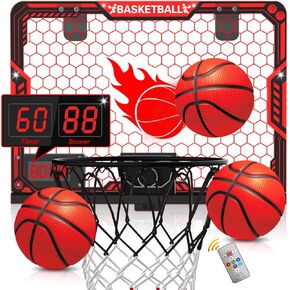 ZIZZ Indoor Basketball Hoop for Kids: Basketball Gifts for Boys 4-10 LED Light & Scoreboard Over The Door Basketball Hoop Birthday Gift for Boy Ages 5 6 7 8 9 10 11 Years Old Mini Basketball Game Toys