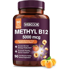 Vitacook Vitamin B12, Methylcobalamin 5000mcg for Energy Production, Energy, Nerve & Cell Support, Natural Peach Flavor, Vegan, Zero Sugar, 90 Fast Dissolve Tablets