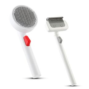 فرشاة مزيل شعر القطط مع أداة تنظيف ذاتية 1 بنقرة ذاتية ، أداة للاستمالة للحيوانات الأليفة مع أسنان الزاوية الذهبية وحماية الجلد