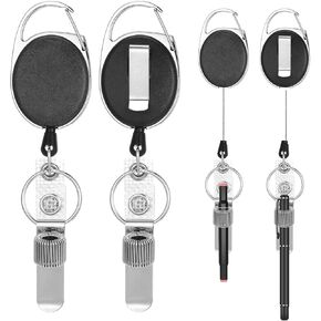 4 Pack Retractable Pen Holder, 21.3" Pull Pencil Holder, Metal Pen Clip Retractable Pencil Holder Heavy Duty Universal Lanyard Pen Holder Badge Reel Pen Clip for Carpenter Pencils(Spring)