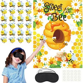 Pin The Bee on The Hive Party Game - Honeycomb Poster Stickers With Blindfold for Kids Spring Classroom Activity, Bee Day Theme Birthday Party Supplies