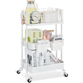KINGRACK 3-Tier Rolling Carts with Wheels,Metal Utility Cart, Rolling Cart Organizer, Craft Storage Cart for Bathroom, Kitchen, Office, Bedroom, Creamy White