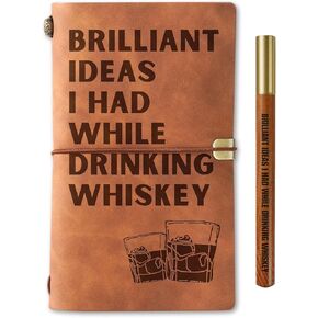 Whiskey gifts Leather Journal Notebook with Pen, for Whiskey Lovers, Men, Women on Birthday, Refillable Sketchbook, Travel Diary, Lined Planner, 7x5 Inches, Brown