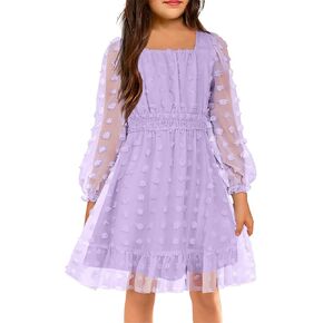 Arshiner Girls Dresses Long Sleeve Square Neck Swiss Dot Casual Flowy Dress