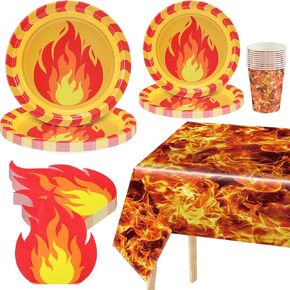 Zhehao 101 PCS Fire Party Supplies مجموعة أدوات المائدة تشمل لوحات الورق 9 و 7 بوصات ، وأكواب قابلة للتصرف 5 أوقية ، مائدة بلاستيكية ، مناديل كوكتيل اللهب لزخارف حفلة عيد ميلاد رجال الإطفاء