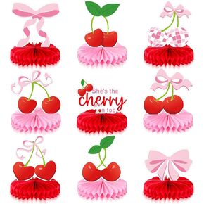Pasimy 9 PCS Cherry Birthday Party Decoration Pink Bow Bow Honeycomb Centerces is the Cherry on Top 3D Table Decor