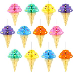 Whaline 12pcs الآيس كريم الصيفية معلقة كرات قرص العسل 6 ألوان Sundae Paper Paper Decorations Paper Paper مع ملصقات حلويات لعيد ميلاد حفلة استحمام الطفل