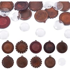 cheriswelry 18pcs مدي قلادة صواني مسطحة جولة خشبية فارغة الصواني الزجاجية كابوشون صافية 37.5-40 مم لتصنيع مجوهرات الصور الحرفية DIY