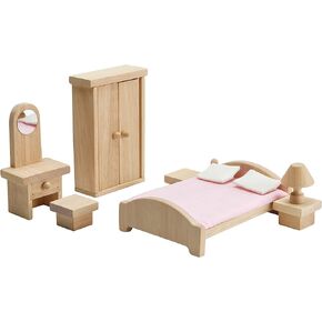 Plantoys Wooden Classic Line of Dollhouse Furniture- مجموعة غرفة النوم الرئيسية للوالدين (9016) | مصنوعة بشكل مستدام من الخشب المطاطي والدهانات والأصباغ غير السامة | مجموعة ألعاب خشبية كلاسيكية مغطاة
