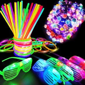 112pcs توهج في الإكسسوارات Dark Party Foods ، وتوهج عصي الحفلات الكبيرة مع 6pcs تضيء عصابة الرأس ، و 6pcs نظارات LED ، و 100 عصي توهج أساور قلادات ، وحفل حفل زفاف ، وعيد التخرج