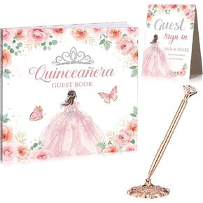 3 PCS Quinceañera Guest Book Set 15th Quinceanera Party Favors مع لوحة دائمة وقلم من الذهب Rose Gold Diamond Pen