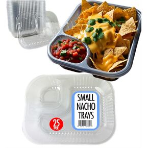Disposable Plastic Nacho Trays with 2 Compartments - 22oz Crystal Clear Nachos Trays for Cheese Dip, Concession Stands, Movie Nights & Sports Parties - Leak-Resistant & Freezer Safe… (50 Pack)