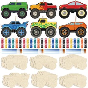Weysat 24 Sets Color Your Own Wooden Race Car Craft Kit Truck Wooden Coloring Crafts with Coloring Paint and Hemp Rope Game Handmade Gifts for Theme Activities DIY Decoration