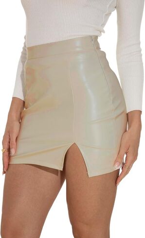 GUANYY Womens Leather Skirt High Waisted Stretchy Slit Faux Pleather Bodycon Party Mini Skirts in Saudi Arabia