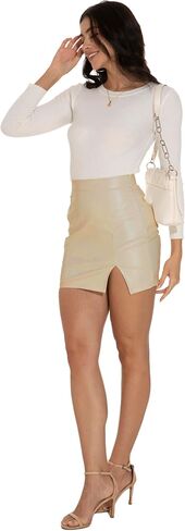 GUANYY Womens Leather Skirt High Waisted Stretchy Slit Faux Pleather Bodycon Party Mini Skirts in Saudi Arabia