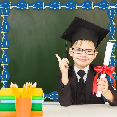 32.8Ft Graduation Bulletin Board Border Blue Graduation Cap with Gold Tassel Die Cut Trim Border Roll for Congrats Grad Party Decor in Saudi Arabia