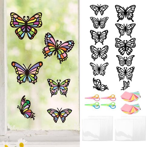 ZEELONA 24 Pack Butterfly Crafts Kit Stained Glass Effect Tissue Paper Suncatchers DIY Spring Ornaments Window Clings Stickers Arts and Crafts for Easter Spring Summer Classroom Home Party Decoration in Saudi Arabia
