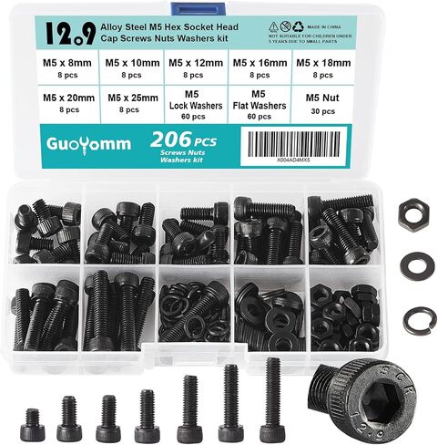 50PCS M5 x 50mm 60mm 70mm 80mm, Hex Socket Head Cap Screws Bolts Nuts Kit, 12.9 Grade Alloy Steel, Black Oxide Finish, Metric Allen Drive, Fully Threaded in Kuwait