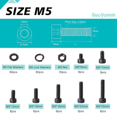 50PCS M5 x 50mm 60mm 70mm 80mm, Hex Socket Head Cap Screws Bolts Nuts Kit, 12.9 Grade Alloy Steel, Black Oxide Finish, Metric Allen Drive, Fully Threaded in Kuwait