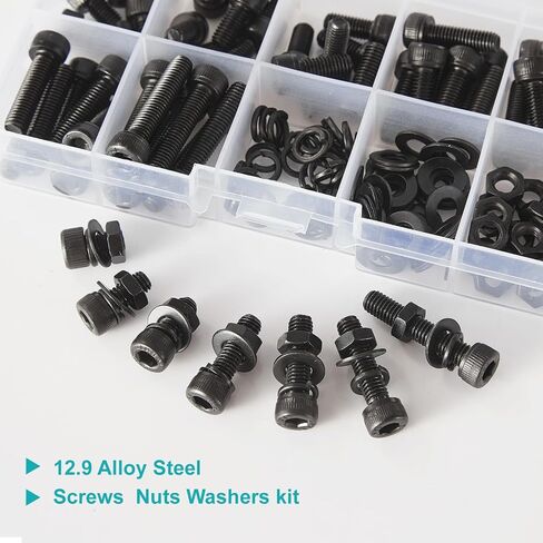 50PCS M5 x 50mm 60mm 70mm 80mm, Hex Socket Head Cap Screws Bolts Nuts Kit, 12.9 Grade Alloy Steel, Black Oxide Finish, Metric Allen Drive, Fully Threaded in Kuwait