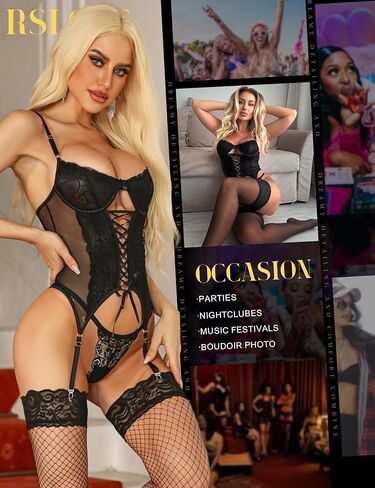 RSLOVE Sexy Lingerie Sets for Women Exotic Teddy with Garter Belt 2 Peice Lace Strappy Bodysuit Naughty Babydoll in Saudi Arabia