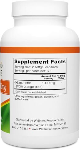 High Potency d-Limonene Capsules 1000mg, 120 Capsules - Orange Peel Extract for Digestive Health, Heartburn, Acid Reflux, Detoxification in Saudi Arabia
