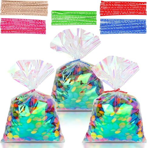 Qpout Iridescent Holographic Cellophane Treat Bags - 120pcs, 6x9 inch, Perfect for Parties, Candies, Cookies, Favorites in Saudi Arabia