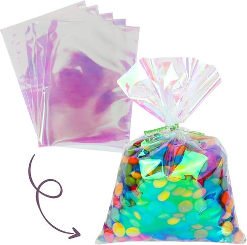 Qpout Iridescent Holographic Cellophane Treat Bags - 120pcs, 6x9 inch, Perfect for Parties, Candies, Cookies, Favorites in Saudi Arabia