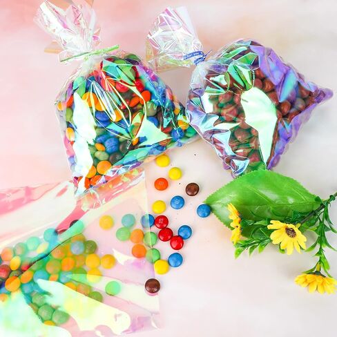 Qpout Iridescent Holographic Cellophane Treat Bags - 120pcs, 6x9 inch, Perfect for Parties, Candies, Cookies, Favorites in Saudi Arabia
