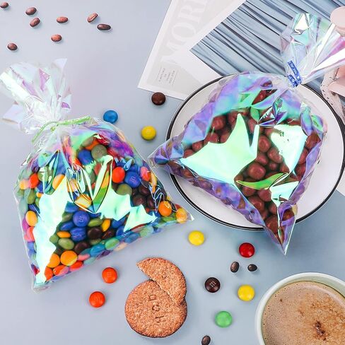 Qpout Iridescent Holographic Cellophane Treat Bags - 120pcs, 6x9 inch, Perfect for Parties, Candies, Cookies, Favorites in Saudi Arabia