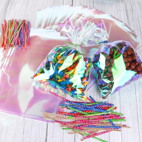 Qpout Iridescent Holographic Cellophane Treat Bags - 120pcs, 6x9 inch, Perfect for Parties, Candies, Cookies, Favorites in Saudi Arabia