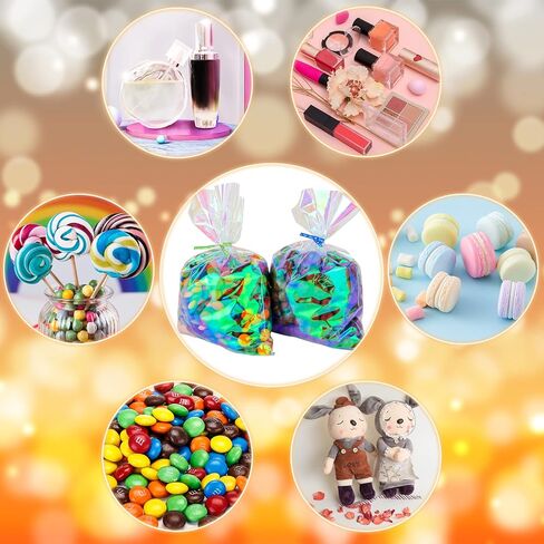 Qpout Iridescent Holographic Cellophane Treat Bags - 120pcs, 6x9 inch, Perfect for Parties, Candies, Cookies, Favorites in Saudi Arabia