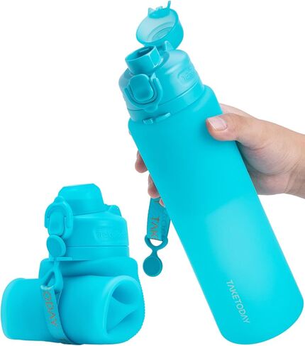 Collapsible Water Bottles 32oz, Foldable Travel Water Bottle with Straw, BPA Free, Silicone Water Bottle Leakproof for Hiking, International Travel, Outdoors (Blue) in Kuwait