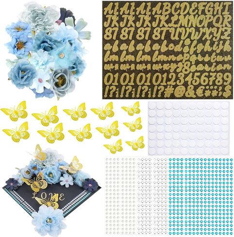 Graduation Cap Decorations Kits, Blue Faux Flower Heads 3D Butterfly Stickers Self Adhesive Rhinestones Glitter Alphabet Letter Stickers for Grad Cap Topper DIY Craft Art Decorations in Saudi Arabia