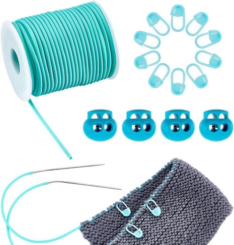 NBEADS 27 Yards Stitch Keeping Cords, 3mm Hollow Tubing with 4Pcs Cord Locks and 30Pcs ABS Stitch Needle Clip for Holding Stitches Bracelet Necklace Beading, Orange in Kuwait