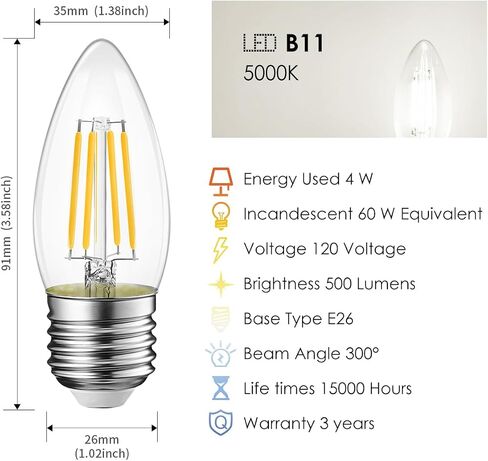 LVWIT B11 LED Filament Bulb E26 Candelabra Medium Base 2700K Warm White, 4W(60W Equivalent) 500 Lumens Non-Dimmable Decorative Candle Light Bulb, Pack of 6 in Saudi Arabia