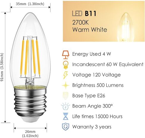 LVWIT B11 LED Filament Bulb E26 Candelabra Medium Base 2700K Warm White, 4W(60W Equivalent) 500 Lumens Non-Dimmable Decorative Candle Light Bulb, Pack of 6 in Saudi Arabia