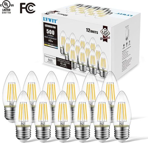 LVWIT B11 LED Filament Bulb E26 Candelabra Medium Base 2700K Warm White, 4W(60W Equivalent) 500 Lumens Non-Dimmable Decorative Candle Light Bulb, Pack of 6 in Saudi Arabia