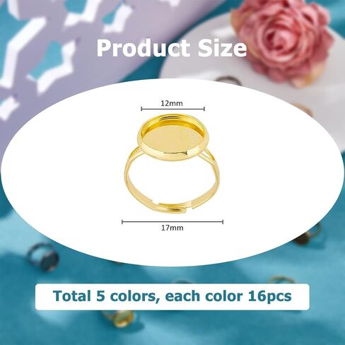 80pcs Ring Base Blank Rings 5 Colors 17mm Adjustable Ring Base Blanks with 12mm Flat Base Cabochon Metal Finger Blanks Rings for DIY Cabochon Ring Jewelry Findings in Kuwait